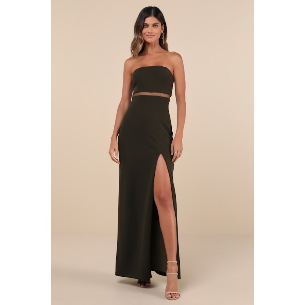 Lulus Enticing Silhouette Dark Olive Green Mesh Strapless Maxi Dress - Size M